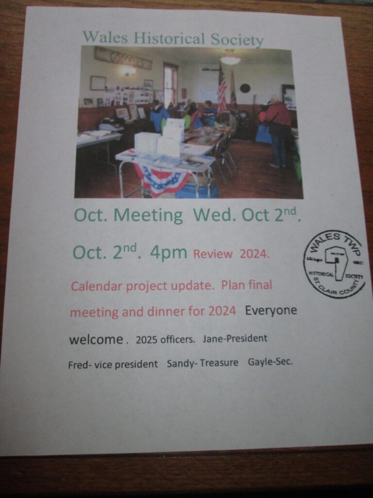 October 2ed Meeting Notice of the Wales Historical Society